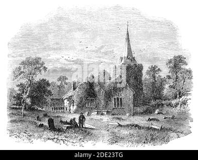 Eine Skizze aus dem 19. Jahrhundert der Stoke Poges Church aka Parish Church of Saint Giles, im gleichnamigen Dorf in Buckinghamshire, England. Das Gedicht "Elegy Written in a Country Churchyard" von Thomas Gray (1716-1771), einem englischen Dichter, Briefschreiber, Gelehrten und Professor, wird angenommen, dass es im Kirchhof geschrieben wurde. Das Gedicht wurde teilweise von Grays Gedanken nach dem Tod des Dichters Richard West 1742 inspiriert und 1751 veröffentlicht. Stockfoto