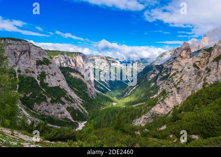 Blick über ein tiefes V-förmiges, bewaldetes Tal zum spektakulären Tre Cime in den norditalienischen Dolmen Stockfoto