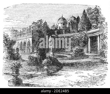 Eine Ansicht der Alton Towers aus dem 19. Jahrhundert in der Nähe des Dorfes Alton in Staffordshire, England. Im 11. Jahrhundert wurde Alton Castle bald nach der normannischen Eroberung etwa 1 Meile von den heutigen Türmen gebaut. Es ging durch varios aristokratische Besitzer, bis während des englischen Bürgerkrieges zerstört. Im 17. Jahrhundert wurde die ehemalige Burg als Jagdschloss umgebaut und verwendet einen der ehemaligen Türme des Schlosses, der noch heute Teil des heutigen Gebäudes ist. Stockfoto