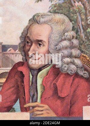 Francois de Voltaire ein Porträt aus französischem Geld Stockfoto