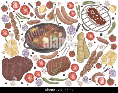 Gebratenes Fleisch mit Gemüse, gegrilltes Steak, Schaschlik, Hühnerschenkel, gekochte Rippchen, gegrillte Würstchen, leckeres bbq-Set. Köstliches Barbecue, Sommer Picknick c Stock Vektor