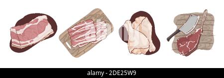 Rohes Rohfleisch, Schweinefilet, Speckscheiben, Hähnchenschenkel, Schinken-Hough, Rindergammon, köstliches Grillzutaten-Set. Metzgerei Sortiment concep Stock Vektor