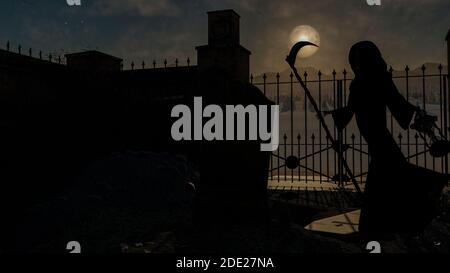 Ein Friedhof und Todesskelett in der Kapuze stehen auf Es mit einer Sense auf einem nächtlichen Hintergrund mit Mond - 3d-Rendering Stockfoto