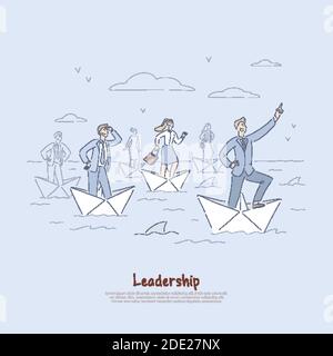 Tapferer Geschäftsmann und Mitarbeiter segeln auf Papierbooten, Business Development Metapher, Führung Fähigkeiten Banner. Arbeiter nach Teamleiter Konz Stock Vektor