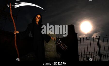 Ein Friedhof und Todesskelett in der Kapuze stehen auf Es mit einer Sense auf einem nächtlichen Hintergrund mit Mond - 3d-Rendering Stockfoto