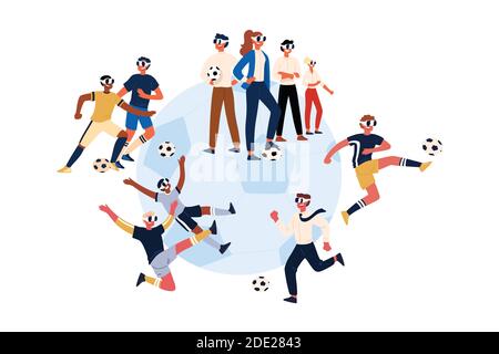 Fußballspieler mit Virtual-Reality-Headsets, Fußballspieler in VR-Brillen treten den Ball. Moderne digitale 3D-Unterhaltungstechnologien con Stock Vektor