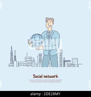 Mann hält Globus in der Mitte der Stadt, moderne Welt in den Händen der Personen, digitale Kommunikation Generation Darstellung Banner. Soziale Netzwerk Cartoon con Stock Vektor