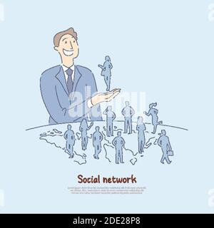 Glücklicher Mann hält Frau in der Hand, Geschäft Online-Verbindung mit Menschen weltweit, moderne Welt der Kommunikation Banner. Soziale Netzwerk Cartoon concep Stock Vektor