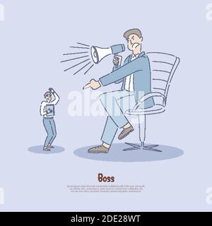 Arbeitgeber missbraucht Arbeitnehmer, Mitarbeiter verbal durch Manager missbraucht, übermäßige Nutzung von Macht, Stress am Arbeitsplatz Banner. Chef brüllt Mann Konzept Cartoon Stock Vektor