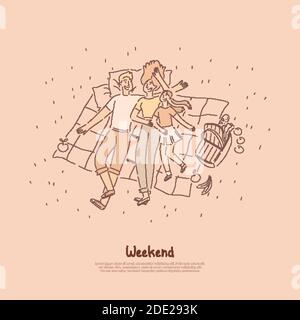 Verbringen Sie schöne Zeit mit der Familie, liegen auf Decke im Park, Spaß im Freien, Outdoor-Aktivitäten, Kind und Eltern auf Picknick. Wochenende, Sommerurlaub c Stock Vektor