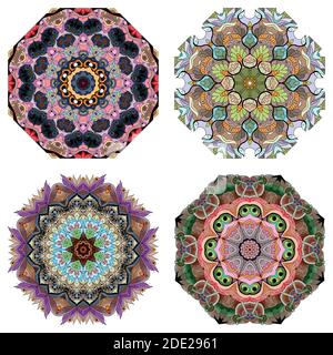 Handgemaltes Kunstdesign. Farbe handgezeichnete Illustration Set von 4 Mandalas für die Dekoration Stock Vektor