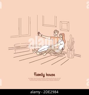 Freund erzählt Freundin lustige Geschichte, Mann und Frau sitzen auf Wohnzimmer Boden lächelnd, niedlichen jungen Paar Banner. Neue Familie Haus Cartoon conce Stock Vektor