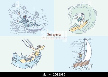 Taucher unter Wasser, Surfer Reiten Welle, Kitesurfen und Windsurfen, Segeln auf Meer Banner. Wassersport, Wasser extreme Aktivitäten, Sommer Freizeit Auto Stock Vektor