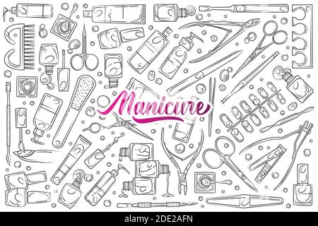 Handgezeichnete Nagelstudio Werkzeuge. Stock Vektor
