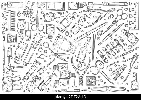 Handgezeichnete Nagelstudio Werkzeuge. Stock Vektor