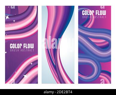 Drei Farbflußplakate mit violettem und weißem Hintergrund Stock Vektor