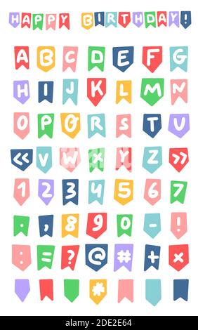 Niedliches Alphabet. ABC, englische Buchstaben und Zahlen. Schriftart für Party Flags und Happy Birthday Text. Vektorgrafik Doodle Stil Stock Vektor