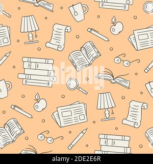 Bibliothek nahtloses Muster. Papierbücher, Zeitungen, Gläser, Lupe im Doodle-Stil. Stock Vektor