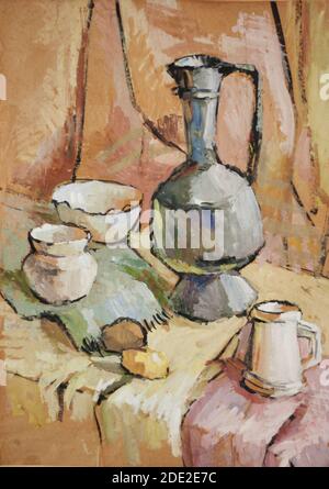 Stillleben mit Schalen und Metallvase Gouache Malerei Stockfoto