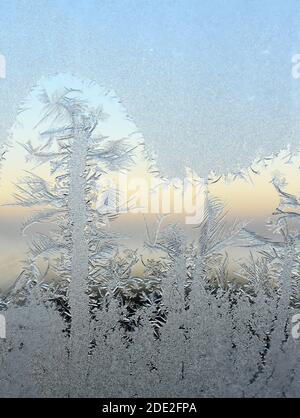 Nahaufnahme des Reifmusters auf einem Fenster Stockfoto