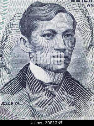 Jose Rizal (1861 –1896) Porträt auf Philippine 1 piso (1969) Banknote Nahaufnahme Makro, Nationalheld der Philippinen. Stockfoto