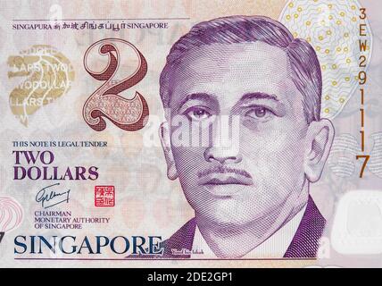 Yusof bin Ishak Porträt über Singapur 2-Dollar-Banknote Nahaufnahme Makro, Syngaporean Geld Nahaufnahme Stockfoto