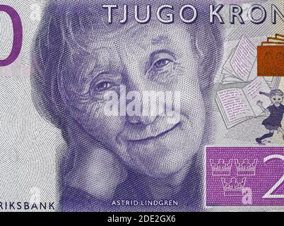 Astrid Lindgren Porträt über Schweden 20 krona (2015) Banknote Nahaufnahme Makro, berühmte schwedische Kinderschriftstellerin. Stockfoto