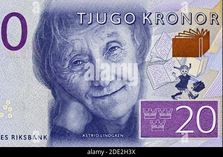 Astrid Lindgren Porträt über Schweden 20 krona (2015) Banknote Nahaufnahme, Schwedisches Geld Nahaufnahme. Stockfoto