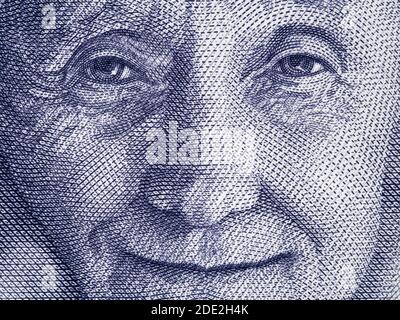 Astrid Lindgren Porträt über Schweden 20 krona (2015) Banknote Nahaufnahme Makro, berühmte schwedische Kinderschriftstellerin. Stockfoto