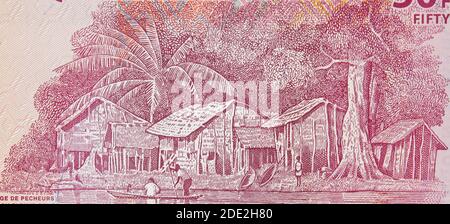 Fischerdorf Kongo Fluss auf Kongo 50 Franken (2007) Banknote Nahaufnahme, Afrika Kongolesen Geld Makro Stockfoto