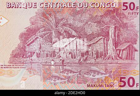 Fishermen Village on Congo 50 Francs (2007) Banknote closeup, African Congolese Money Makro Stockfoto