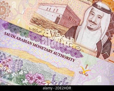 Saudi-Arabien Währung 5 und 10 riyal (2016) Banknoten Nahaufnahme, Saudi-arabisches Geld Nahaufnahme Stockfoto