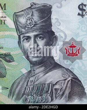 Sultan Hassanal Bolkiah Porträt auf Brunei 1 Dollar (2011) Banknote Nahaufnahme, Südostasien Geld Nahaufnahme. Stockfoto