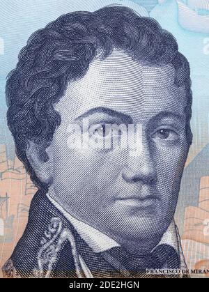 Francisco de Miranda (1750-1816) Porträt über Venezuela 2 Bolivares (2012) Banknote, venezolanisches Geldbild. Stockfoto