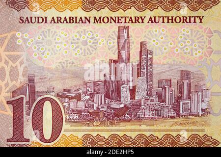 Saudi-Arabien 10 riyal (2016) Banknote Nahaufnahme, King Abdullah Financial Center in Riad, Saudi-arabisches Geld Nahaufnahme Stockfoto