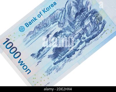 Südkorea 1000 gewann Banknotenfragment isoliert Nahaufnahme. Die koreanische Republik Won ist die Währung Südkoreas. Stockfoto