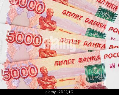 Russische fünftausend Rubel Banknoten Nahaufnahme, Russland Rubel Geld Nahaufnahme Stockfoto