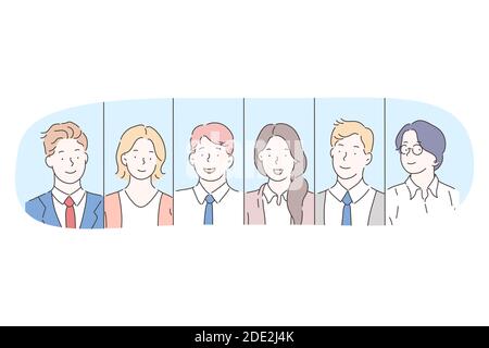 Büroangestellte, Unternehmen, Manager, Teamarbeit, Kooperationskonzept. Porträts von jungen lächelnden Menschen Cartoon-Figuren Büroangestellte oder Mitglieder oder p Stock Vektor