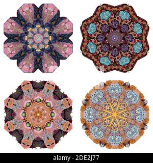 Handgemaltes Kunstdesign. Farbe handgezeichnete Illustration Set von 4 Mandalas für die Dekoration Stock Vektor