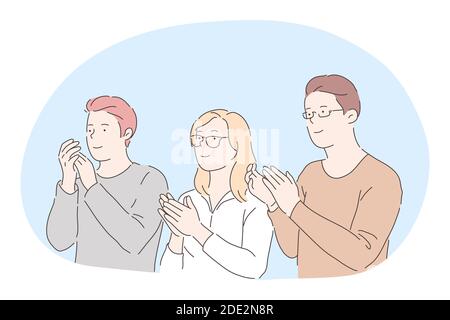 Applaus, Unterstützung, Gratulation Konzept. Drei junge positive Menschen Comic-Figuren stehen, beiseite schauen und applaudieren mit Händen zu teilen Stock Vektor