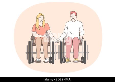Behinderte Menschen im Rollstuhl leben glücklich aktiven Lebensstil Konzept. Junge behinderte glücklich paar Comic-Figuren im Rollstuhl sitzen und halten Stock Vektor