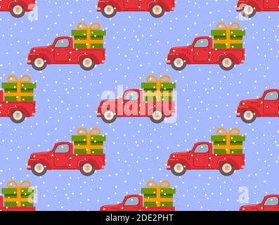 Retro Pickup rot LKW mit grünen Geschenk-Box.Falling Schnee. Stock Vektor