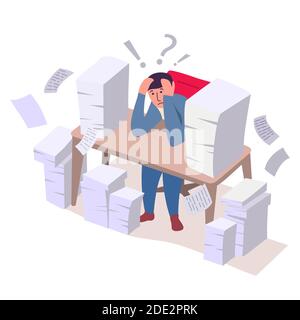 Deadline at work.Concept müde, nervös, gestresst Mann klammert Kopf bei der Arbeit. Stock Vektor