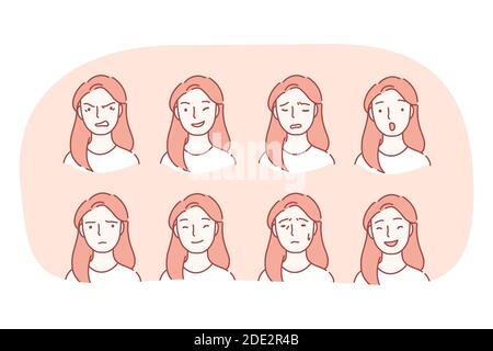 Verschiedene Emotionen und Vielfalt der Mimik Konzept. Satz von weiblichen Gesichtern, die verschiedene Emotionen ausdrücken Wut, Glück, Frustration, Überraschung, Stock Vektor