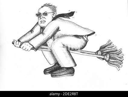 Fat Wizard Reiten zwei Mops. Abbildung. Stockfoto