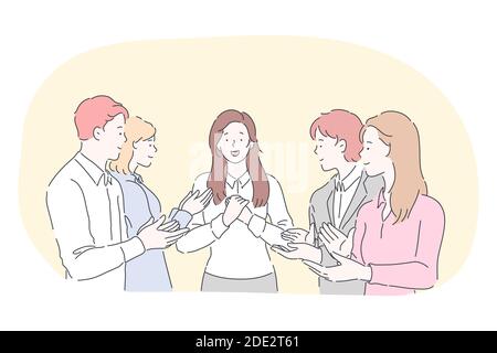 Applaus, Unterstützung, Gratulation Konzept. Junge positive Geschäftsleute Arbeiter Comic-Figuren stehen und applaudieren mit den Händen auf ihre Stufe Stock Vektor