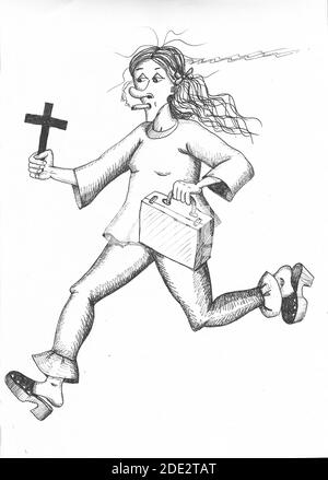 Exzentrische Frau läuft mit einem Kreuz und Rauchen. Abbildung. Stockfoto