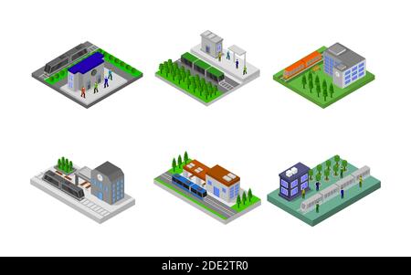 Isometrisches Bahnhofset Vektordarstellung Stock Vektor