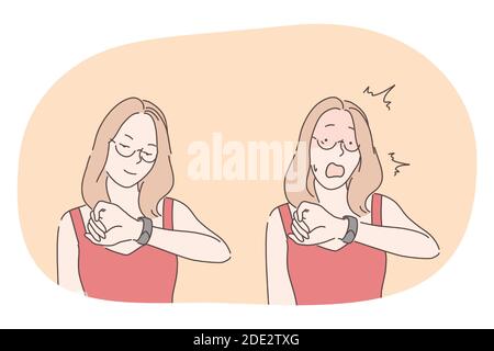 Zeit, Uhr, Uhr, spät Konzept. Junge Dame Geschäft Frau Cartoon-Figur Blick auf Armbanduhr mit Entspannung, Kontrolle und mit Schock Bein Stock Vektor