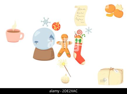 Gemütliche Doodle Weihnachtselemente Dekoration und Symbol-Set. Geschenk, weihnachtskugel, Schneemann, Lebkuchenmann, Weihnachtsbaum und Spielzeug. Winterurlaub Stock Vektor